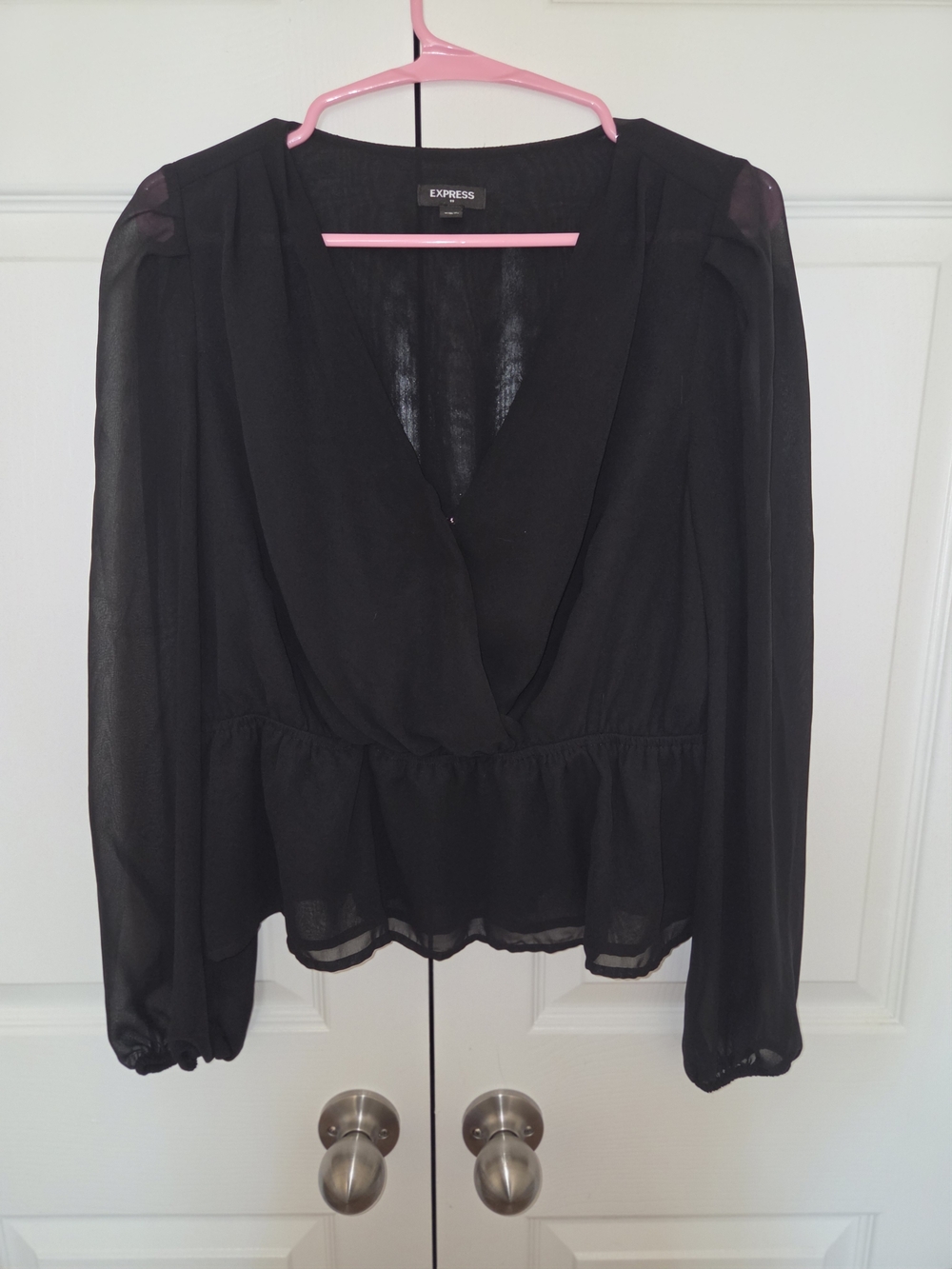 Express Black Sheer Long-Sleeve V-Neck Blouse